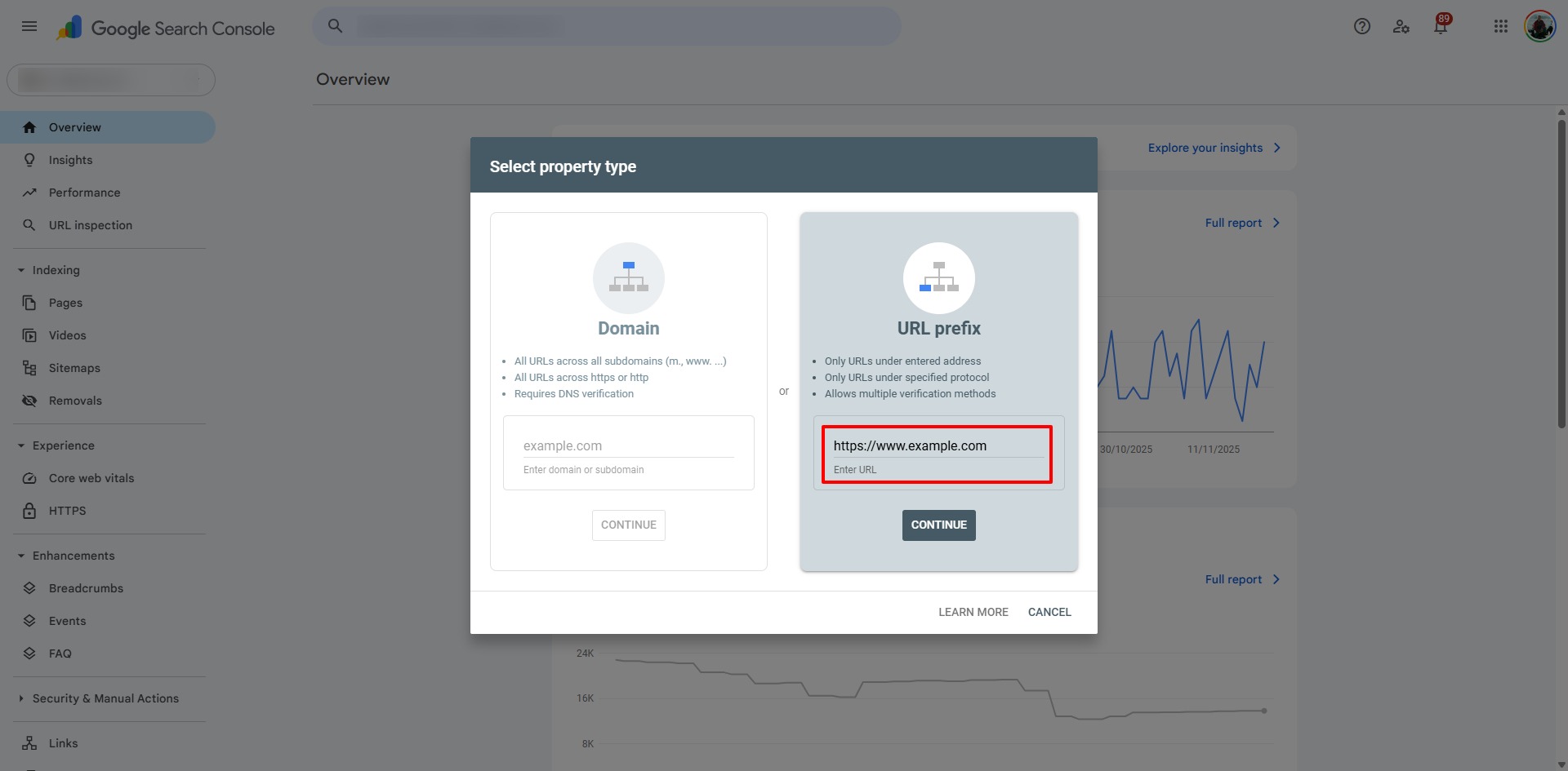 Add URL prefix to Google Search Console