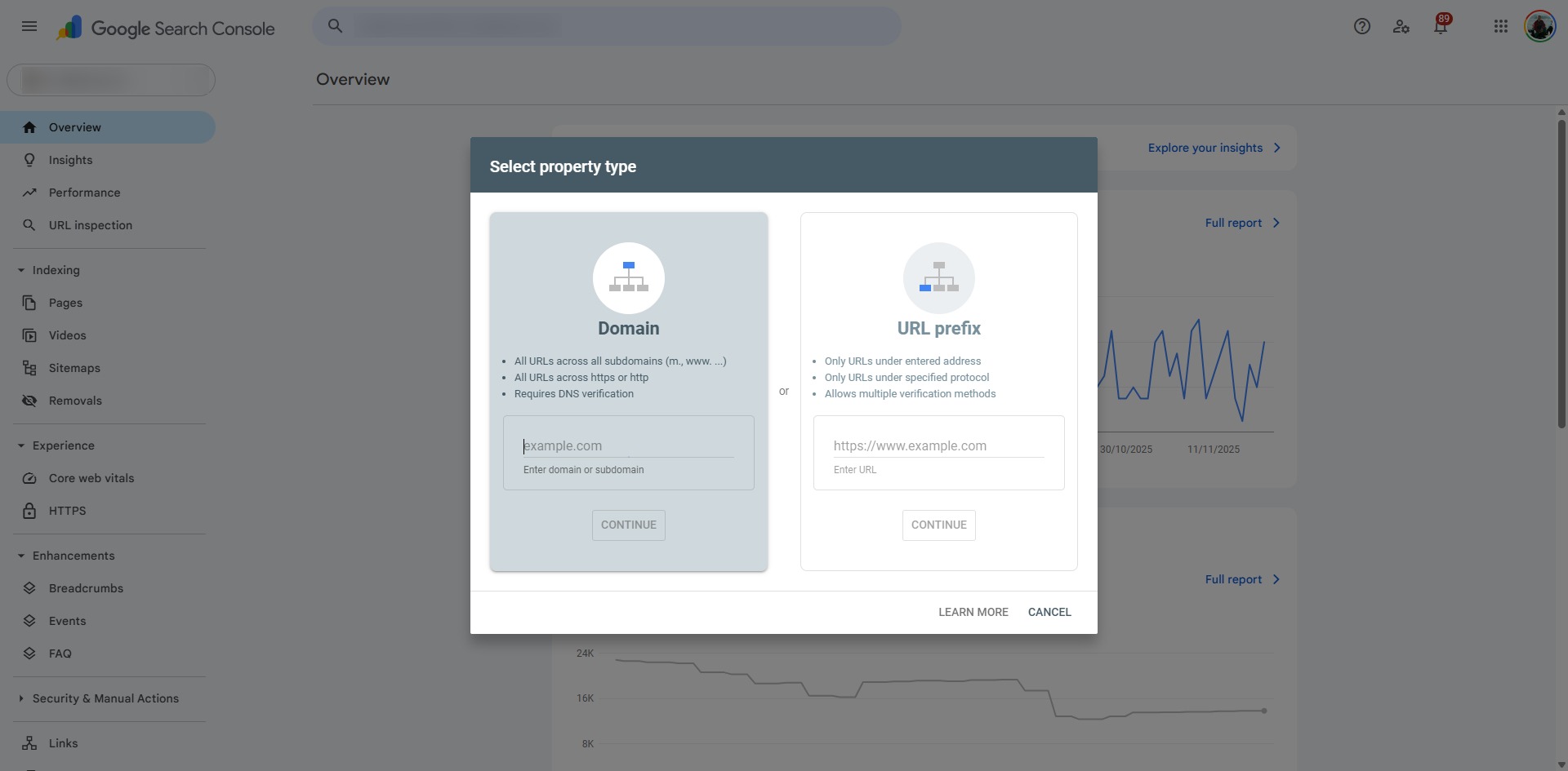 Add a website to Google Search Console