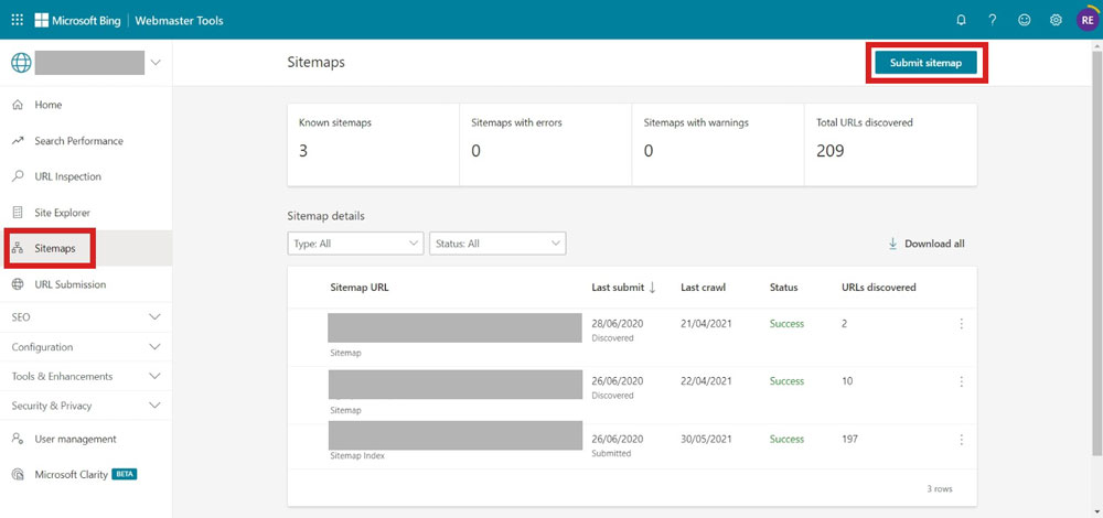 Bing Webmaster Tools sitemap report