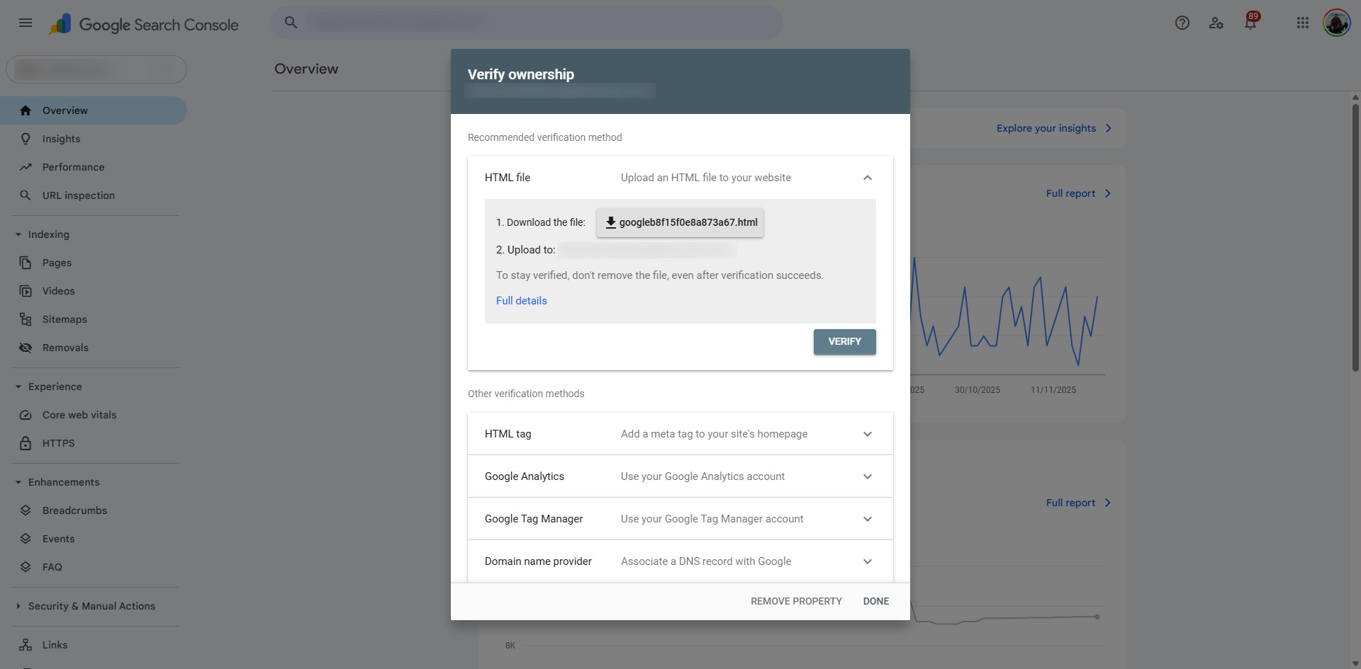 Verifying ownership of a domain property by HTML file in Google Search Console