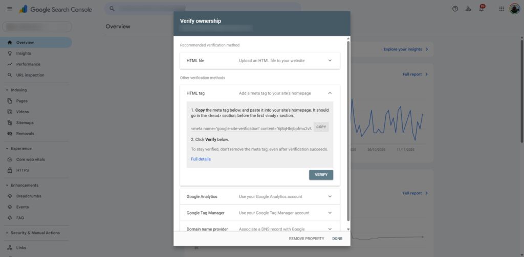 Verifying your domain in Google Search Console with an HTML tag