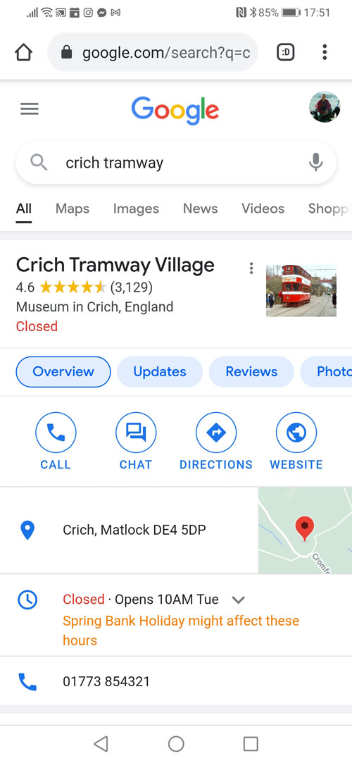 Crich Tramway Village Google My Business profile, mobile