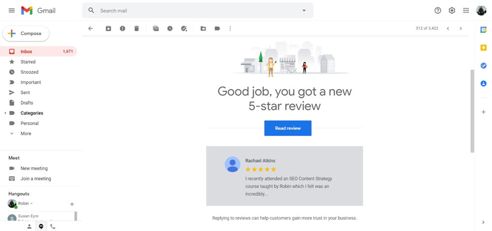 Google My Business review notification email