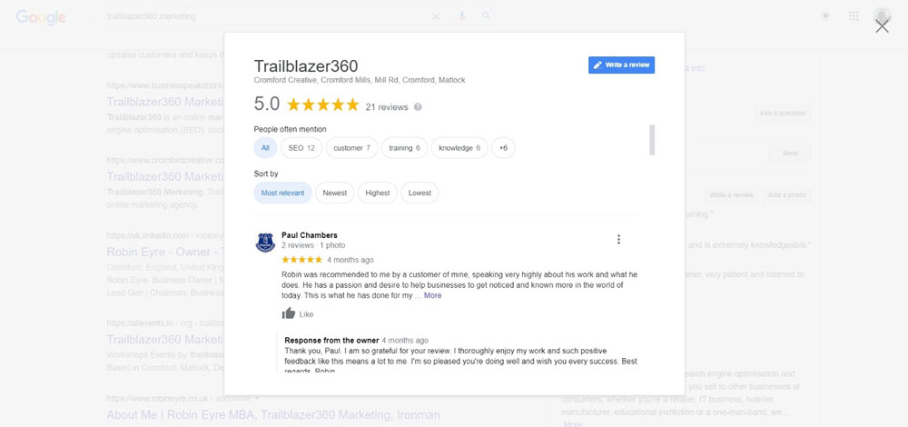 A typical Google My Business review