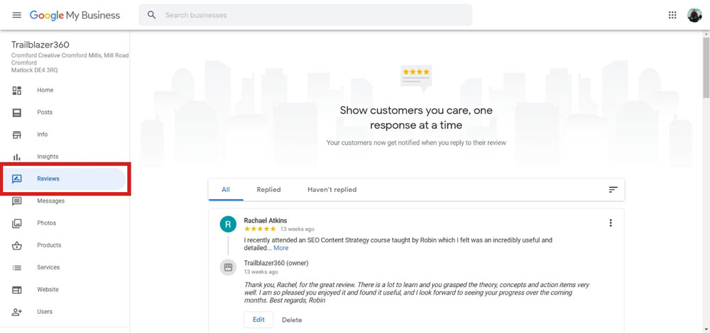 Google My Business reviews section