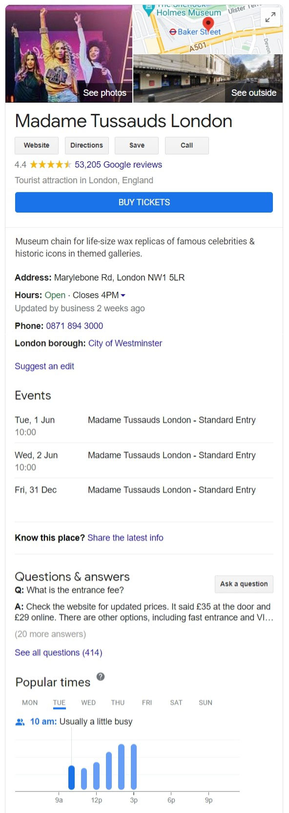 Google My Business profile example, Madame Tussauds