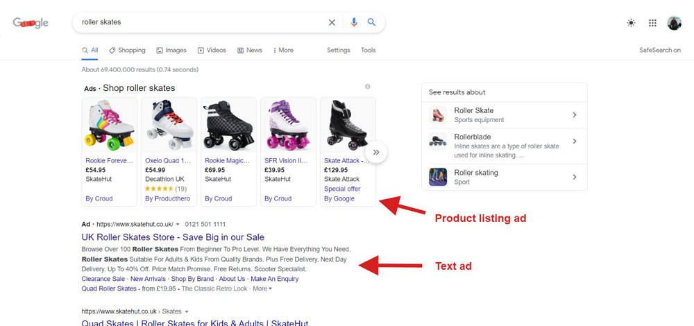 Google Search results product listings adverts
