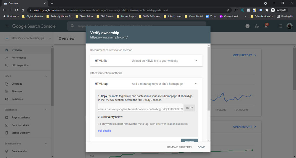 Verify your domain in Google Search Console with an HTML tag