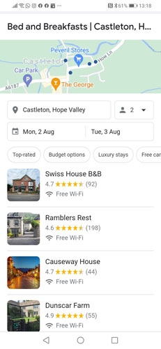 Top position in Google local map pack rankings for Swiss House B&B, Castleton